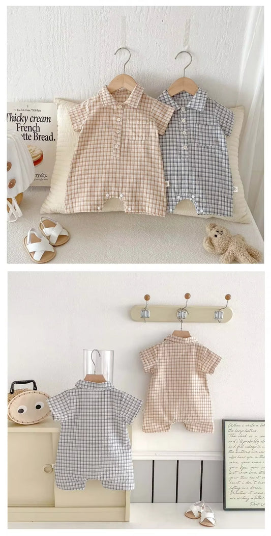 🪵 Macacão xadrez Woodland para menino – Macacão leve de verão