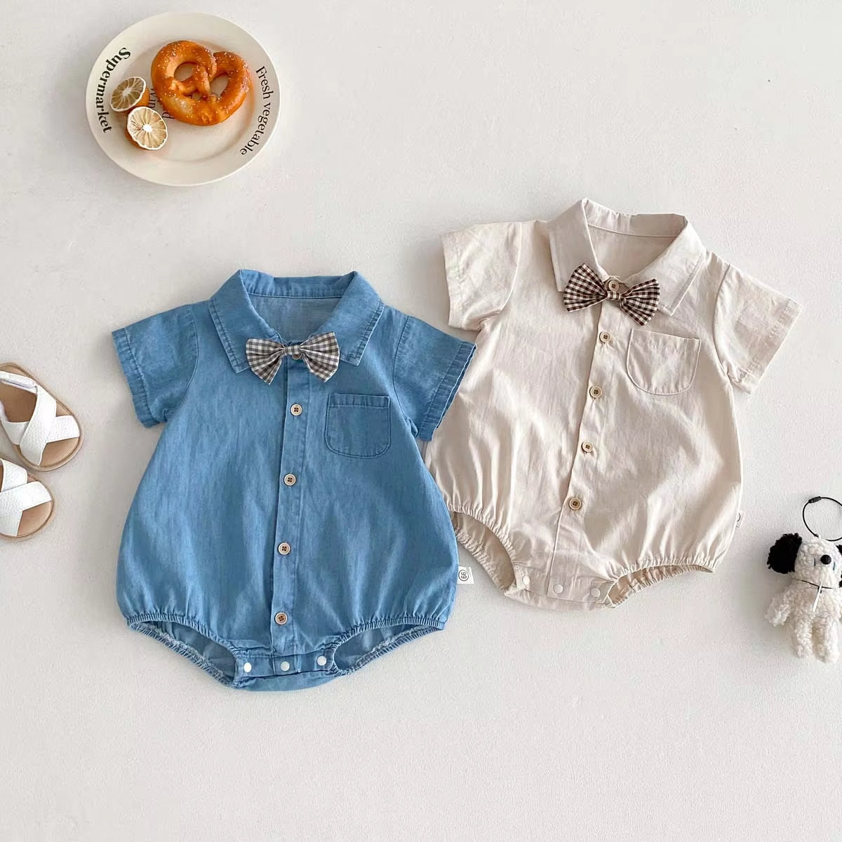 👖 Macacão Denim Explorer para menino – Macacão de verão de manga curta