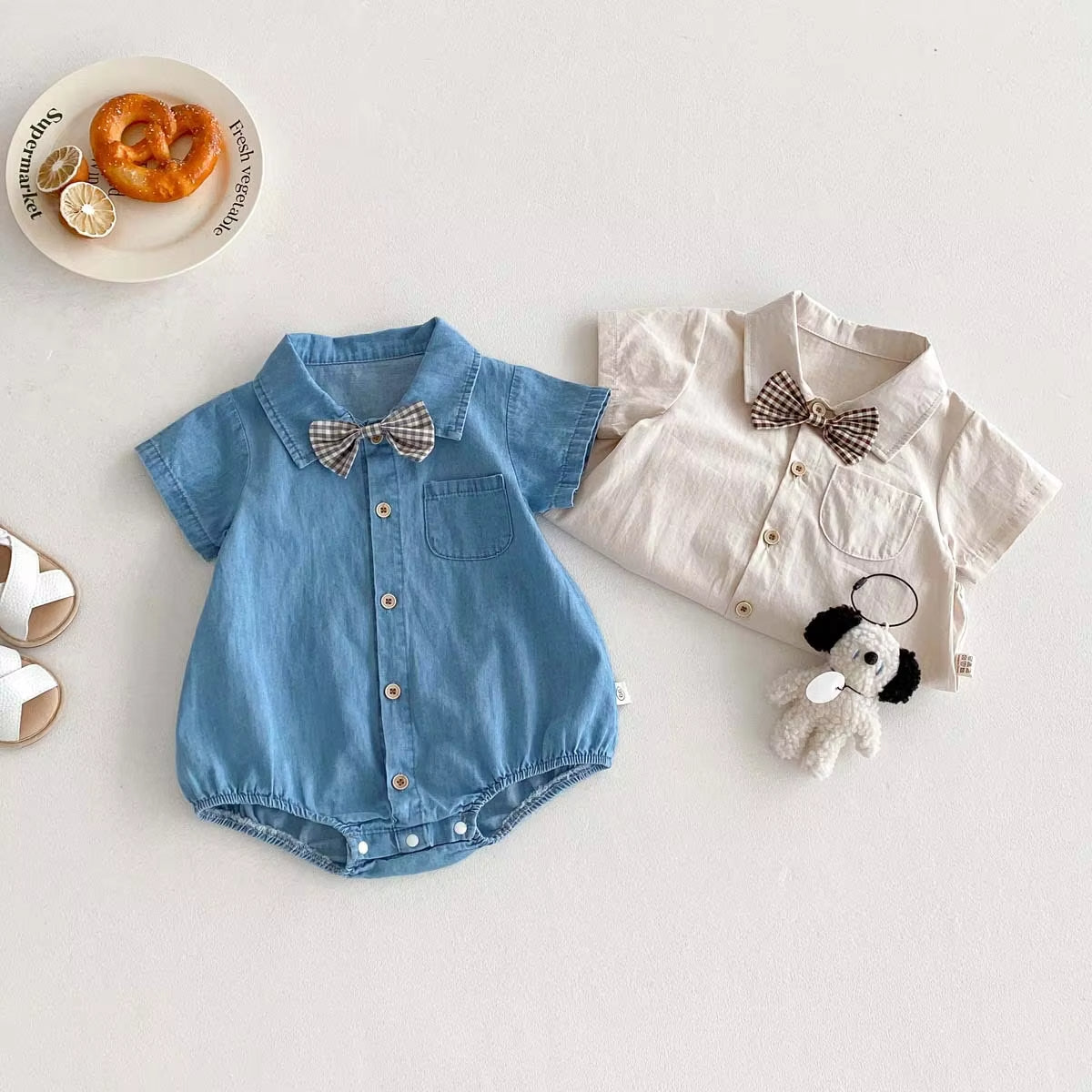 👖 Macacão Denim Explorer para menino – Macacão de verão de manga curta