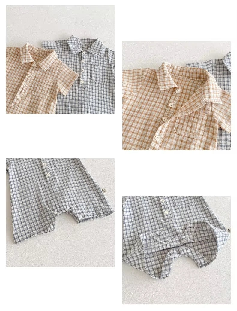 🪵 Macacão xadrez Woodland para menino – Macacão leve de verão