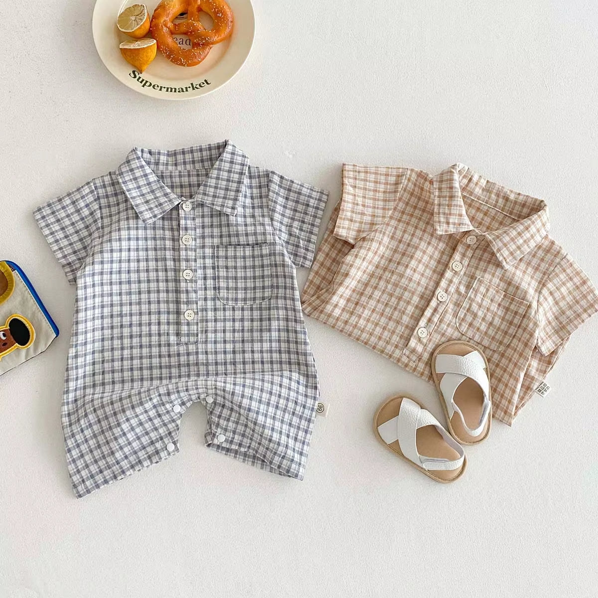 🪵 Macacão xadrez Woodland para menino – Macacão leve de verão